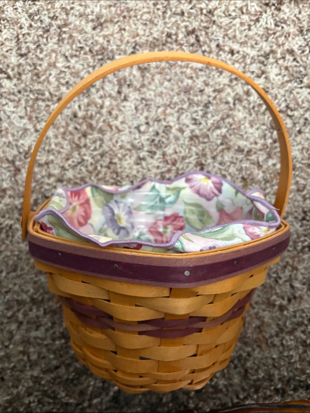 Longaberger Yellow and Purple Woven Basket with Floral Liner